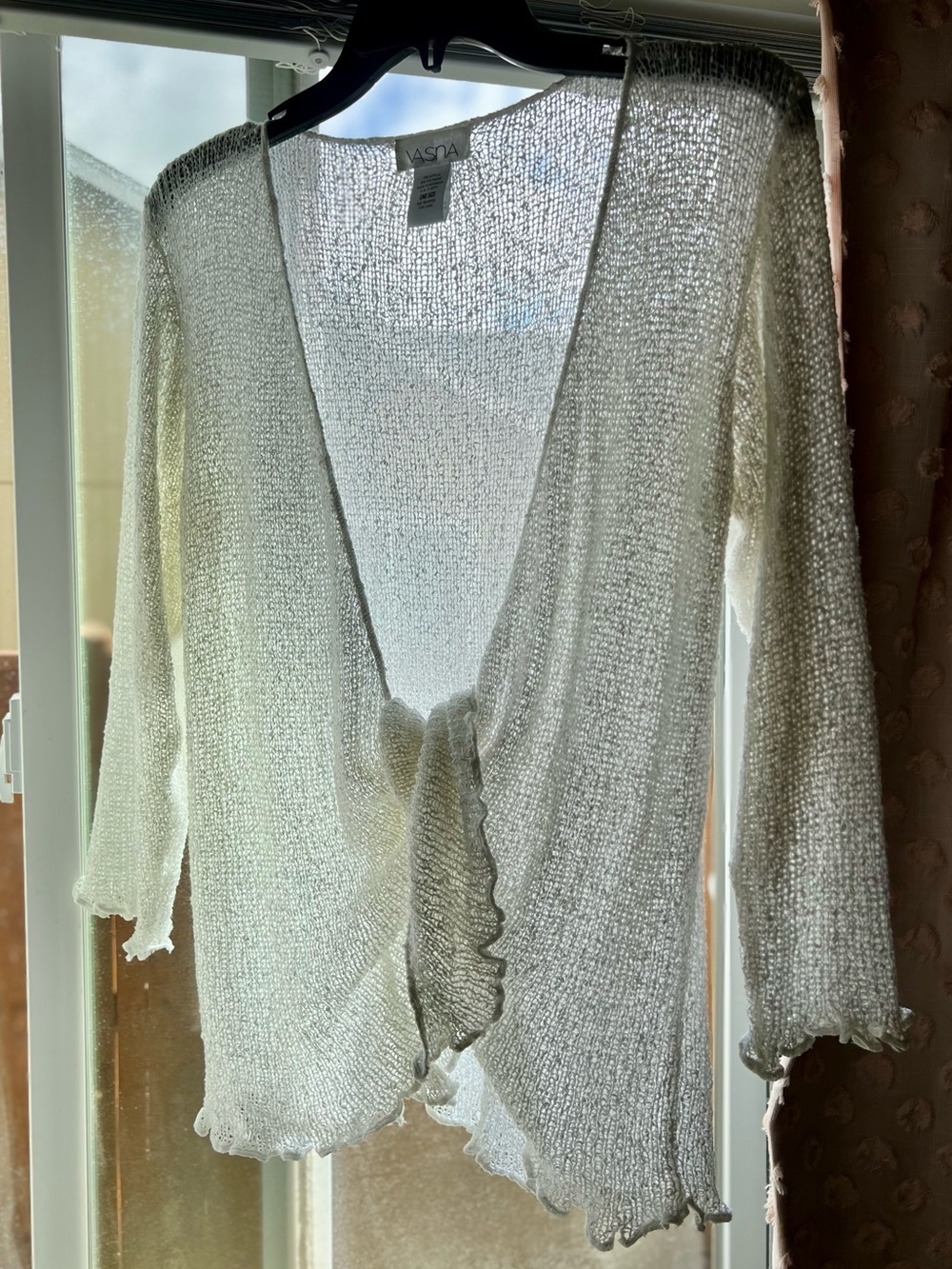 Romantic Ethereal Sheer Knit Tie-Front Cardigan-Boho Mesh Shrug Lettuce Edge - Picture 5 of 9